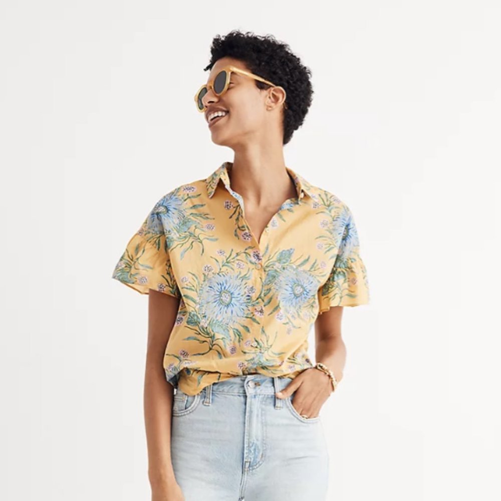 Ruffle-Sleeve Button-Down Shirt in Painted Blooms